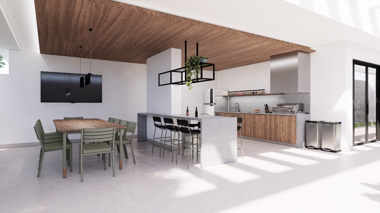 Área de lazer studio Skyline 520 — espaço gourmet, rooftop e áreas de convivência 5
