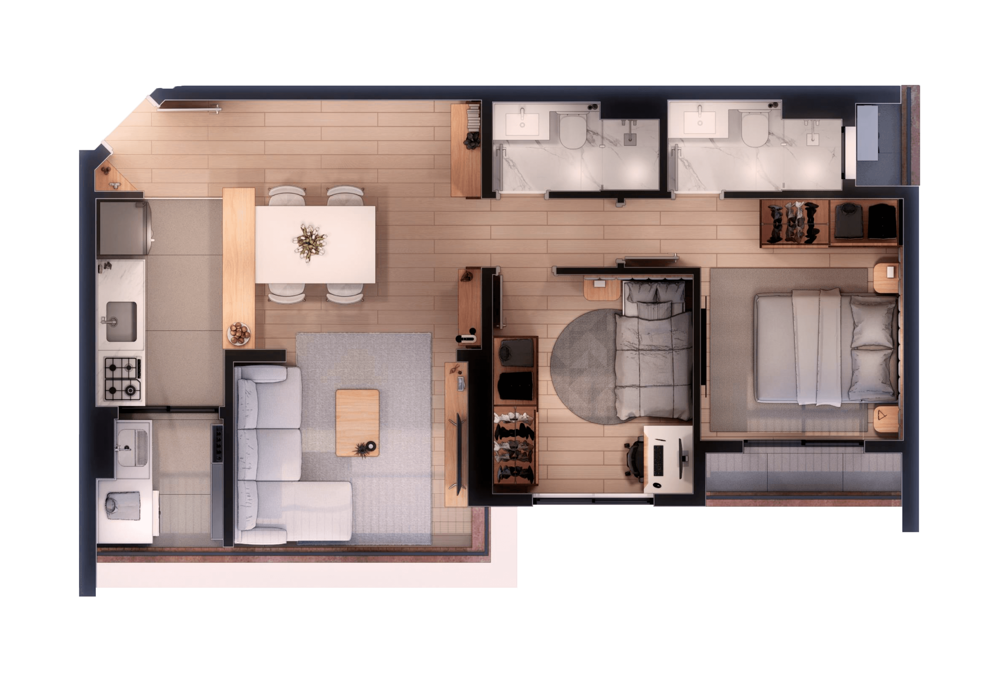 Apartamentos 61,67m² - Living Integrado